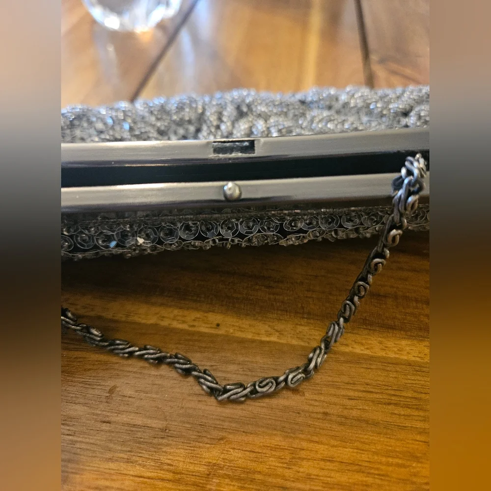 Kate Landry Silver Beaded Evening Bag with Chain Strap - Picture 7 of 9